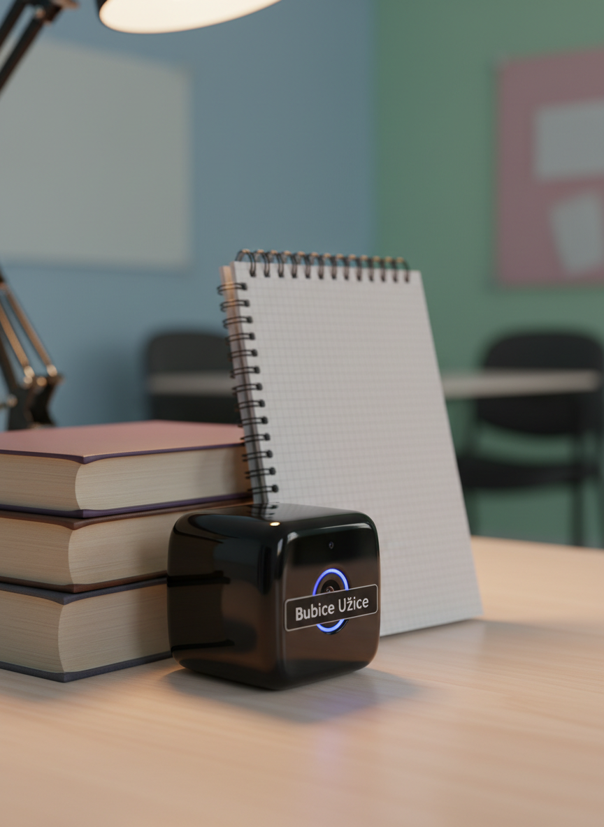 A compact, cube-shaped wireless camera with a glossy black finish and a tiny lens ringed by a faint blue LED glow sits tucked between stacked textbooks and a standing notebook on a tidy desk. A subtle “Bubice Užice” logo appears on a small sticker on the camera’s side. Warm desk-lamp lighting from above casts soft highlights on the camera’s surface and gentle shadows into the book spines, creating a cozy, slightly mischievous atmosphere. The rest of the room fades into a soft blur with pastel tones. Photographic realism at eye level, rule-of-thirds composition, emphasizing the camera as a clever, rental-ready tool hidden in plain sight.